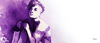 Illustration is showing an original painting by Arien Alan Reed, in purple and white, androgynous figure. 