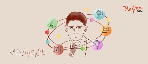 Gezeichnetes Porträt von Kafka. Um sein Gesicht kreisen wie Planeten fünf Blasen, die die kreativen Werkstätten symbolisieren: Schreiben, Musik, Zeichnen, Videospiel und Film.