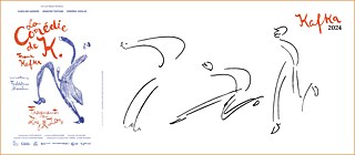 À gauche de l’image, l’affiche du spectacle avec le titre en orange et un personnage de profil issu des dessins de Kafka dans une position de danse joyeuse, crayonné en bleu. A gauche, un autre dessin de Kafka crayonné noir en traits rapides et minimalistes représentant trois coureurs.