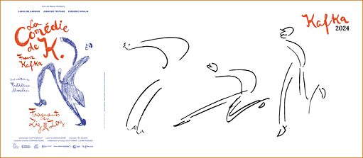 Links das Plakat des Theaterstücks mit dem Titel in Orange und einer Profilfigur aus Kafkas Zeichnungen in einer fröhlichen Tanzhaltung, blau mit Bleistift gezeichnet. Links daneben eine weitere Zeichnung Kafkas mit schwarzer Bleistiftzeichnung in schnellen, minimalistischen Strichen, die drei Läufer darstellt.