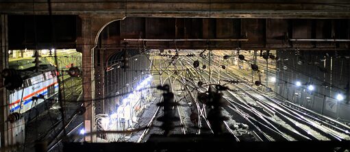 View from an interlocking tower at Penn Station: looking out on the tracks.