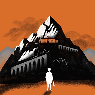 Ілюстрація до роману "Зачарована гора". Чоловік тримає у руках портфель та стоїть перед горою, на якій розмішено будівлю