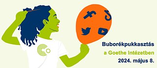 Drawing of a young woman pricking with a pointed needle an orange-coloured bubble, which is illustrated by social media icons. 