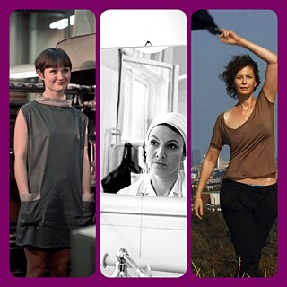 The first picture shows three women in a factory looking at the camera in a friendly manner. The second image is black and white and shows a woman looking at herself in the mirror. The third picture shows a woman walking towards the camera and swinging an item of clothing over her head.