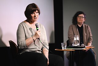 Eva Viežnaviec and Olga Bubich in conversation on stage