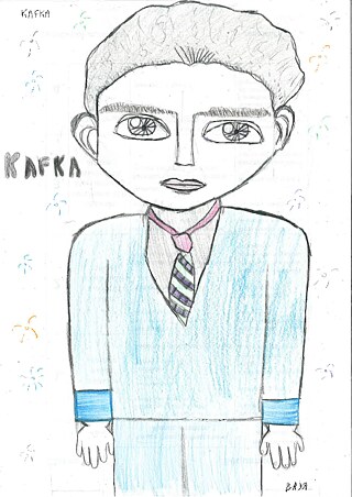 Porträt von Kafka mit großen, leuchtenden Augen, blauem Anzug und Krawatte