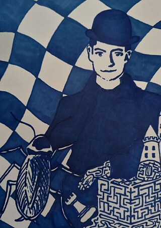Blau-weiße Zeichnung mit Kafka, der einen Hut trägt, daneben eine Kakerlake und ein labyrinthisches Schloss