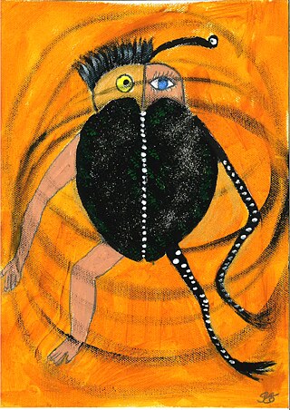 Farbenfrohes und brillantes Gemälde einer sich wandelnden Figur, halb Frau, halb Kakerlake