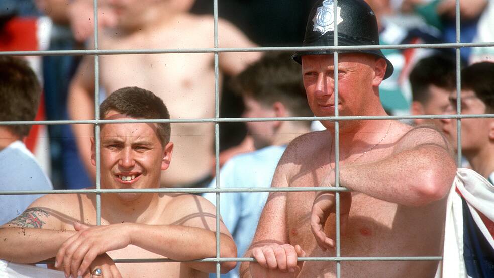 English fans in the Rheinenergiestadion at the 1988 European Championship match between England and the Netherlands 