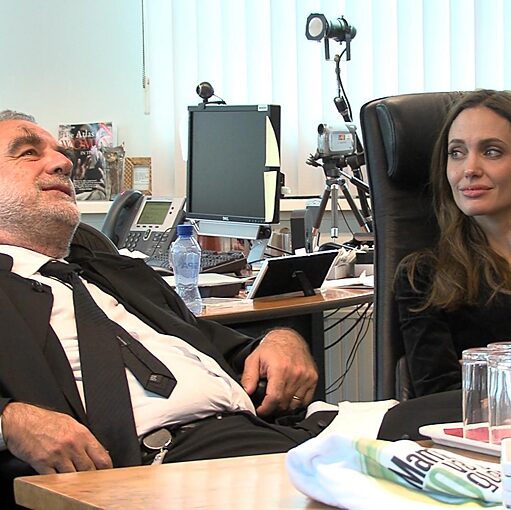 Luis Moreno-Ocampo, the first prosecutor of the ICC, speaking with activist and actress Angelina Jolie