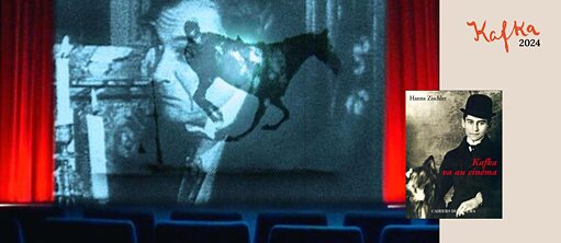 Montage eines Fotos aus dem Film und vom Cover des Buchs Kafka geht ins Kino von Hanns Zischler sowie des Logos Kafka 2024 in der oberen rechten Ecke. Das Foto zeigt einen Kinosaal mit blauen Sesseln und roten Vorhängen. Auf der Leinwand Nahaufnahme des Gesichts eines Mannes, der im Hintergrund nach links schaut, und eines Pferdes in vollem Lauf im Vordergrund. Das Buchcover zeigt ein berühmtes Porträt des jungen Franz Kafka mit Melone auf dem Kopf und seinem Hund zu seiner rechten Seite. 