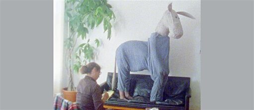 Courtesy of the artist. A Donkey at the Therapist… Film Still from Thievery and Songs, 2016.