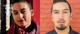 The picture to the left shows Thaila Ostendorf, a young woman with very short hair and a colourful scarf i different shades of red. The picture to the right shows Jon Cho-Polizzi, a young man with a beard, who wears a blue shirt and stands in front of a red wall.