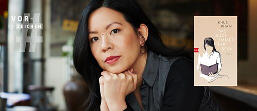 The picture shows the author Khuê Phạm, a woman with long, black hair. She rests her face in her hands and looks directly into the camera.