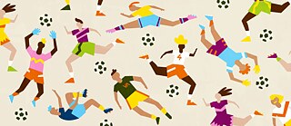 Visual für das EM-Spezial auf #DeutschlandNoFilter. Zu sehen sind vierzehn Bälle kickende Fußballspieler*innen mit bunten Trikots.