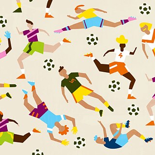 Visual für das EM-Spezial auf #DeutschlandNoFilter. Zu sehen sind vierzehn Bälle kickende Fußballspieler*innen mit bunten Trikots.