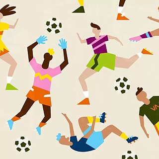 Ein buntes Bild, auf dem Fußball spielenden Menschen und Fußbälle zu sehen sind.