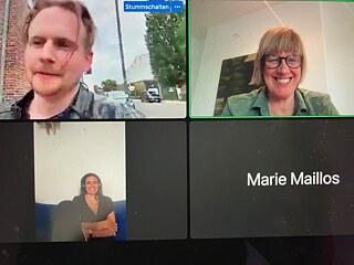 In einem Online-Treffen sprechen Sebastian Herbst und Marie Maillos mit der Journalistin Harriet Wolff