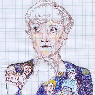 Портрет Крістіне Неслінґер з її героями (кулькові ручки, шарж)