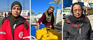 Portraits of 3 women. From left to right: Maha Wafy, female ambulance officer of the Palestinian Red Crescent, Enaam Al-Agha, known as Um Fathy, community aid, and Ola Kasseb, female journalist and member of the Palestinian Journalist Syndicate.
