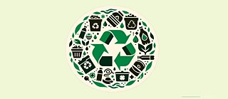 Symbolisches Recycling-Symbol umgeben von verschiedenen Abfallarten in einem Kreislauf, dargestellt in Dunkelblau und Hellblau, betont die Nachhaltigkeit der Kreislaufwirtschaft.