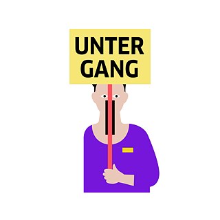 Illustration: Ein Mann mit weit aufgerissenem Mund hält ein Schild mit der Aufschrift „Untergang“