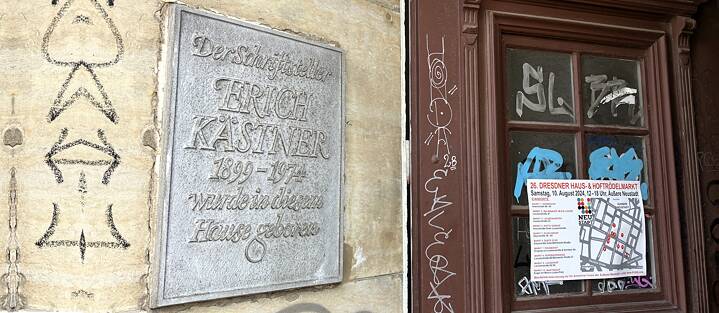 Eine Gedenktafel am Geburtshaus von Erich Kästner in Dresden.