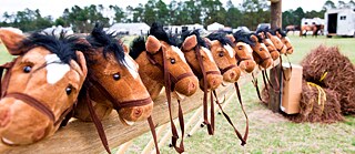 The picture shows several hobbyhorses leaning against a wooden fence. Bales of hay and horses can be seen in the background.