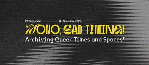 Exhibition banner with the title nono, bad timing! in yellow lettering on a black background.