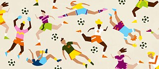 Illustration mehrerer Fußballspieler und Fußbälle