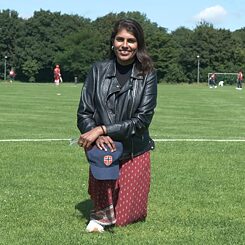 Soly supporting her husband Vinay playing for Norway vs. Germany, in Krefeld, Germany.