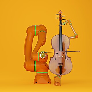 Ein Industrieroboter spielt Cello.