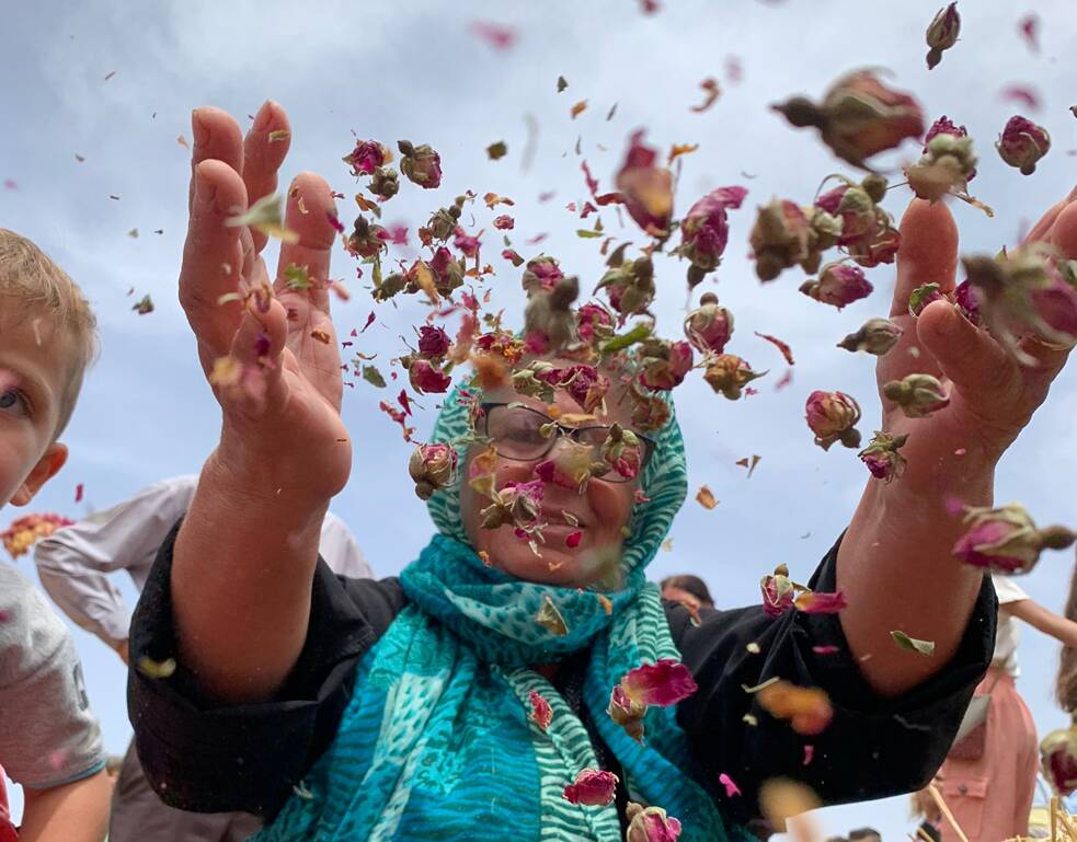 Farida Ahmed wirft Rosenblätter in die Luft, Maarat al-Saleb, Hema, Syrien.