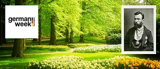 Foto einer grünen Gartenlandschaft mit Bäumen und Blumen. Dazu ein Bild des Botanikers Ferdinand von Mueller und das Logo der German Week Melbourne