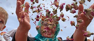 Farida Ahmed jette des pétales de rose en l'air, Maarat al-Saleb, Hema, Syrie.