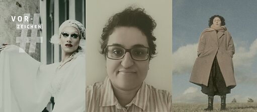 Collage with three portraits. On the far left, drag queen Vicky Voyage in a white dress; in the centre, a selfie of Wassan Ali; on the far right, Gabriela Salas Vidal standing in a meadow, with clouds and trees in the background.