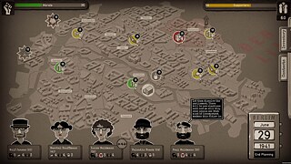 A scene from the game ‘"Through the Darkest of Times". A grey and beige map can be seen in the middle of the picture, with figures at the bottom.