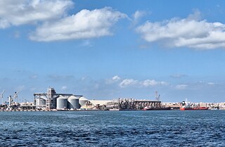 A port seen from the sea. 