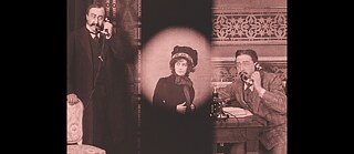 Old-fashioned film clip colored pink and divided into three parts. On the left and right, a man on the phone frames the image of a woman with a hat in the center