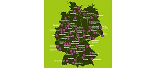 Graphic map of Germany with the locations of the info houses marked on it