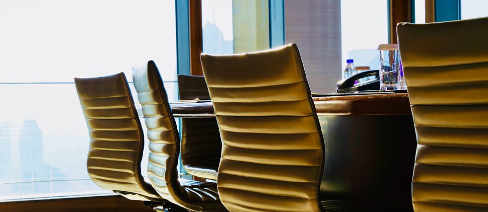 A row of empty, modern office chairs around a conference table by large windows.