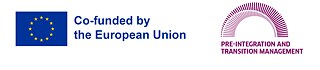 Logos for a European Union co-funded project on pre-integration and transition management. The image features the EU flag and the project name in blue and purple text. © ©EU and Goethe-Institut Logos Cofunded by the EU and Pre-integration