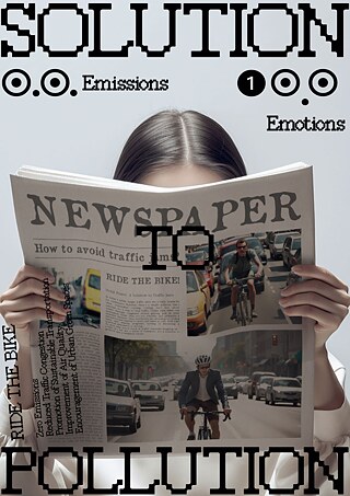 Foto: Eine Person, deren Gesicht hinter einer Zeitung verdeckt ist. Die Zeitung zeigt Artikel übers Radfahren. Grauer Hintergrund. Die Überschrift „Solution To Pollution“ ist in fetten schwarzen Buchstaben geschrieben und in drei Zeilen unterteilt, die sich vom oberen bis zum unteren Rand des Bildes erstrecken. Unter dem Wort „Solution“ stehen gegenüber die Wortpaare „Zero Emission“ und „100 Emotions“.