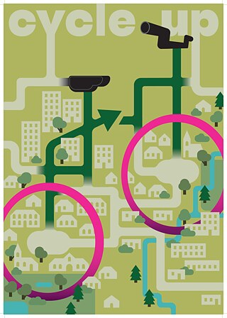 Das Bild zeigt einen grob gezeichneten Stadtplan: Grüner Hintergrund mit stilisierten hellbraunen Häusern und vereinzelten Bäumen. Dazwischen ein linienförmiges Straßennetz in beige-grüner Farbe in der Form eines Fahrradrahmens. Zwei große pinke Kreise als Räder. Am oberen Bildrand in hellbraunen Druckbuchstaben die Überschrift „CYCLE UP“.