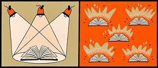 Illustration, on the left-hand side you can see an open book against a beige background, illuminated from above by three spotlights. On the right-hand side, the same motif is smaller and can be seen five times on a bright orange background.