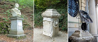 Goethe-Denkmal aus Karlsbad: Goethes historische Büste auf einem modernen Sockel (links), die Reste des historischen Sockels (Mitte) und das Nicht-Denkmal: eine Installation von Jiří David auf einem historischen Sockel (rechts).