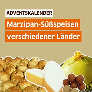 Es sind verschiedene Marzipan-Süßspeisen zu sehen: Eine grüne Torte, Marzipankartoffeln, Kekse, ovale weiße Süßspeisen. Text auf Bild: "Adventskalender: Marzipan-Süßspeisen verschiedener Länder"