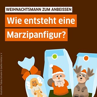 Text auf Bild: "Weihnachtsmann zum Anbeißen: So entsteht eine Marzipan-Figur". Es sind drei Illustrationen von eingepackten Marzipanfiguren zu sehen: Ein Weihnachtsmann, ein Engel und ein Rentier. 