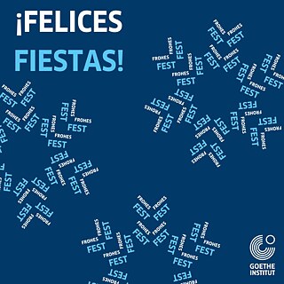 Copos de nieve blancos y azul claro sobre fondo azul oscuro, formados por las palabras “¡Felices Fiestas!”.