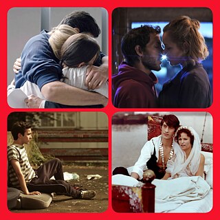 Goethe on Demand: Ciclo de cine  “Puro Amor” (Imagen principal) – La gráfica contiene 4 stills: 1. Tres personas se abrazan; 2. Un chico sentado solo en un sofá arrumbado; 3. Un hombre y una mujer se besan; 4. Un hombre y una mujer se miran, en sus cabellos tienen flores amarillas.